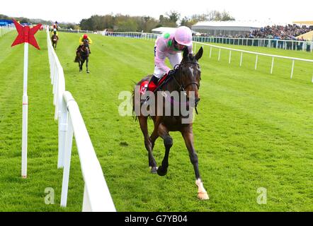 Douvan ridden by Ruby Walsh goes on to win the Herald Champion Novice Hurdle during Boylesports Champion Chase Day at Punchestown Racecourse, Co. Kilare, Ireland. Stock Photo