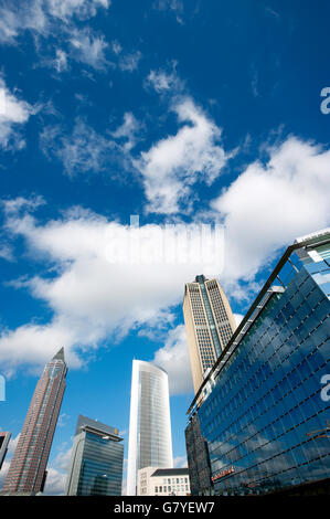 Skyscrapers in Frankfurt, from left, Messeturm tower, the twin towers Castor and Pollux and Tower 185, on the right in the Stock Photo