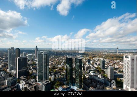 View of the skyscrapers in the financial district as seen from the Maintower, Frankfurt am Main, Hesse Stock Photo