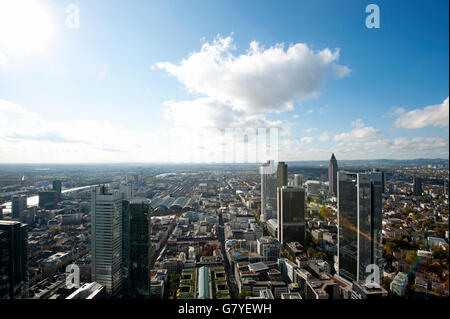 View of Frankfurt Central Station and the skyscrapers in the financial district as seen from the Maintower, Frankfurt am Main Stock Photo