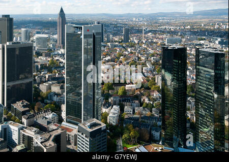 View of the skyscrapers in the financial district as seen from the Maintower, Frankfurt am Main, Hesse Stock Photo