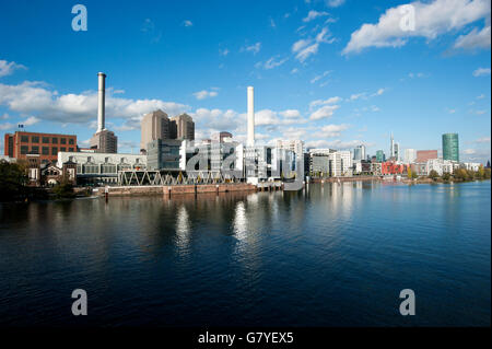 View of Frankfurt's Westhafen harbour, the Main River and high-rise buildings, Frankfurt am Main, Hesse Stock Photo