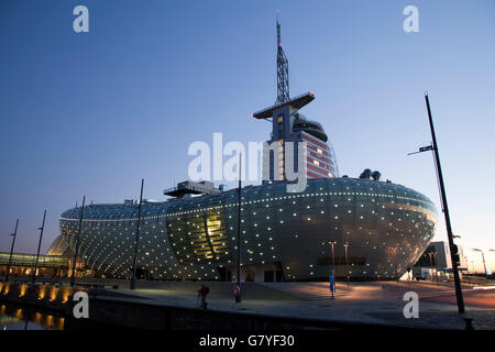 Klimahaus building, Conference Center, Sail City, Havenwelten, twilight, Bremerhaven, Weser River, North Sea, Lower Saxony Stock Photo