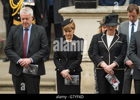 Welsh Labour Leader Carwyn Jones, SNP leader Nicola Sturgeon and Northern Ireland politician Arlene Foster (right) during a Service of Remembrance to mark the 70th anniversary of VE Day, at the Cenotaph, in Whitehall, London. Stock Photo