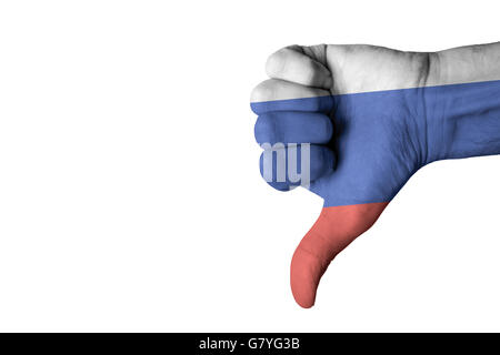 Russian flag on human male hand Stock Photo