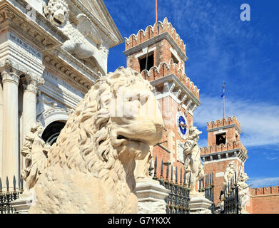 Lion statue at entrance 'Porta Magna' of Arsenale, Castello, Venice, Italy. Stock Photo