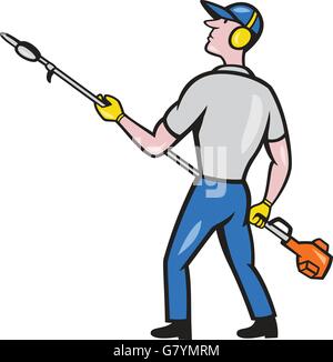 Cartoon style illustration of male gardener holding hedge trimmer looking to the side viewed from rear set on isolated white background. Stock Vector