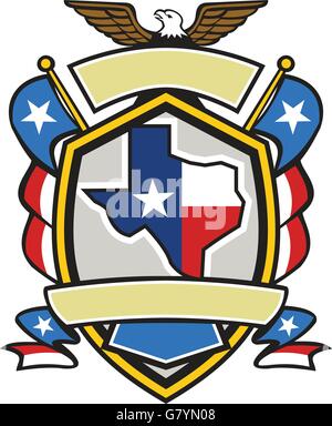 Illustration of coat of arms style emblem of Texas state map draped in its state flag with american eagle up on top and unfurled Texan lone star flags on side set inside crest shield done in retro style. Stock Vector