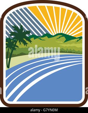 Illustration of tropical trees, mountains and sea coast set inside rectangle shape with sunburst in the background done in retro style. Stock Vector