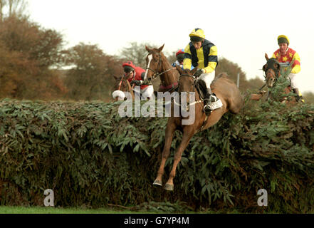 Young Hustler and Chris Maude fly over fences of the Grand National Course for an all the way victory in the Crowther Homes Bechers Chase at Aintree. Stock Photo