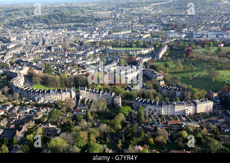 View of the City of Bath from a hot air balloon high overhead showing the extraordinary architecture and green spaces the place Stock Photo