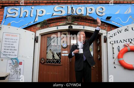 Ukip leader Nigel Farage has a cup of tea at the Ship Shape Cafe during a walk about in Ramsgate, Kent, on the final day of his campaign for the Thanet South seat at tomorrow's General Election. Stock Photo