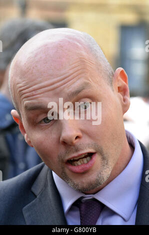 College Green, London, UK, 24 June 2016, Sajid Javid opposite the Houses of Parliament to meet the press on the day of Brexit when the EU referendum returned a leave result. Stock Photo