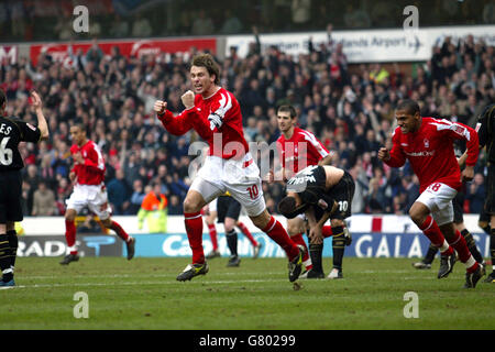 Gareth Taylor celebrates after scoring Nottingham Forest's equalising goal against Wigan Athletic. Stock Photo