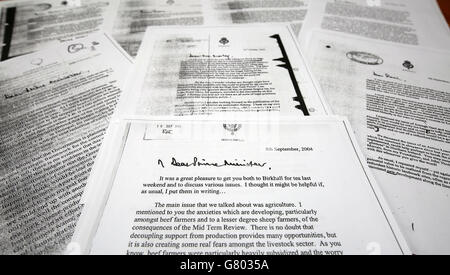 A copy of the letter that The Prince of Wales wrote to the then Prime Minister Tony Blair (front), one of a series of his private letters to government ministers that was published following a ruling by the UK's highest court. Stock Photo