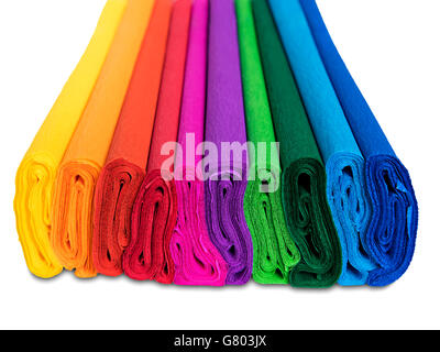 rolls of colored corrugated paper closeup isolated on white background Stock Photo
