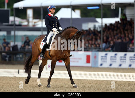 Great Britain's Carl Hester riding Nip Tuck competes in the FEI Grand Prix Freestyle to Music during the third day of the Royal Windsor Horse Show at Windsor Castle in Berkshire. Stock Photo