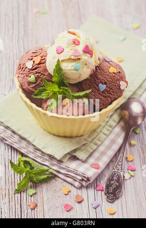 Chocolate and vanilla ice cream in a bowl Stock Photo