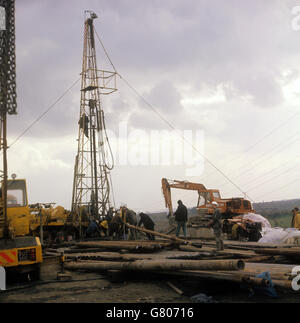 A drilling rig at work on what was intended to be an air shaft to the pit area in which the seven men were believed to be trapped. Stock Photo