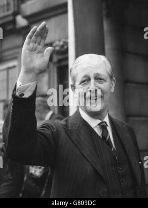 Foreign Secretary Harold Macmillan acknowledges the cheers that greet the declaration of the poll at Bromley. Macmillan had been returned with an increased majority at his constituency in Kent. Stock Photo