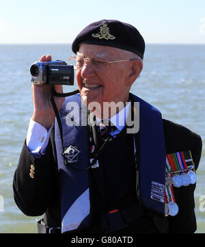 Dunkirk veteran Garth Wright (95) on board the Little Ship the Princess Freda as the Little Ships leave Ramsgate Harbour in Kent to set sail for Dunkirk, France, for the 75th anniversary of Operation Dynamo. Stock Photo