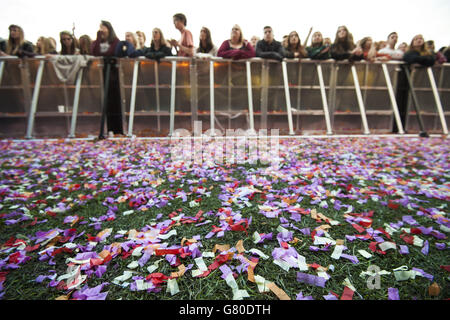Ticker tape on the floor at the Radio 1 Big Weekend, held in Earlham Park, Norwich. Stock Photo