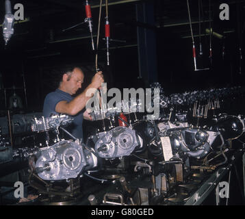 Len Prentice assembling 750cc engines for the Bonneville model at Norton Villiers Triumph Motorcycle factory in Meridan, West Midlands. Stock Photo