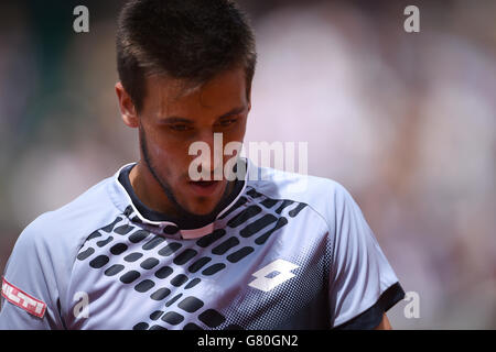 Damir Dzumhur during his 3rd round men's singles match against Roger Federer on day six of the French Open at Roland Garros on May 29, 2015 in Paris, France Stock Photo