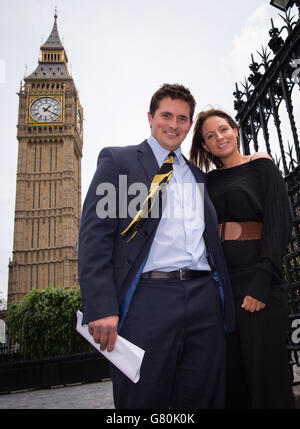 Plymouth MP Johnny Mercer and his wife Felicity, outside his office at the Houses of Parliament in London before making his first speech to the House of Commons. Stock Photo