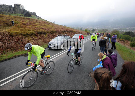 Amateur riders take part in a Sportive race before the Tour de Yorkshire on the Cow and Calf Climb in Ilkley Stock Photo