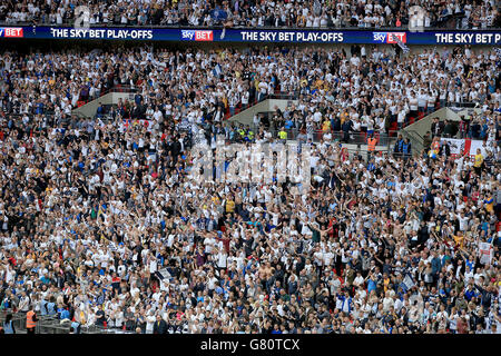 Preston North End supporters celebrate in the stands at Wembley Stock Photo