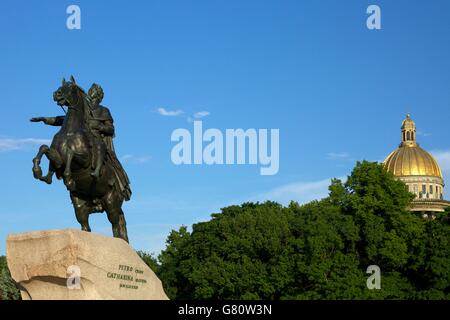 Statue of Peter the Great and dome of St Isaac's Cathedral, Bronze Horseman, St Petersburg, Russia Stock Photo