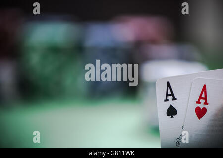 lucky winner in poker game shows two aces cards Stock Photo