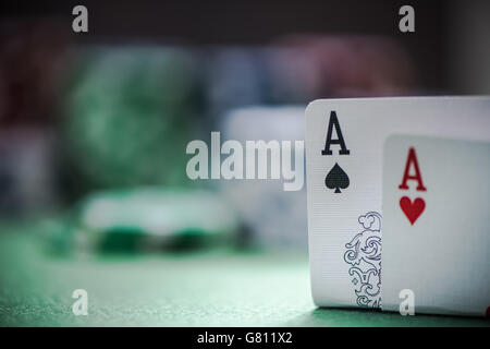 lucky winner in poker game shows two aces cards Stock Photo