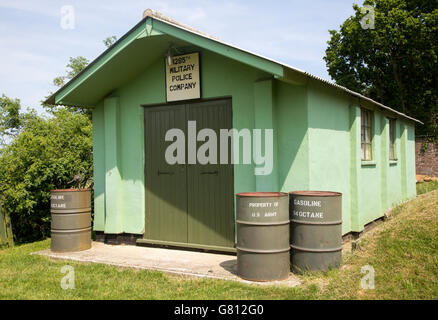 Military Police building and gasoline drums, USA Air Force 95th Bomb Squadron museum, Horham, Suffolk, England, UK Stock Photo