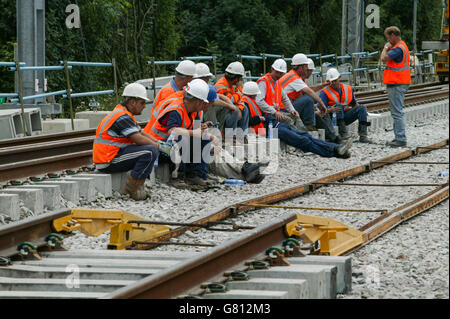 Workers having a break at Bourne End as part of the West Coast Main Line Upgrade. Stock Photo