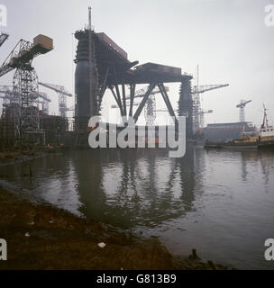 Sea Quest, British Petroleum's 9,500 ton drilling rig, after being launched at Harland and Wolff's Belfast shipyard. She is to replace the ill-fated Sea Gem in North Sea gas and oil exploration. Stock Photo