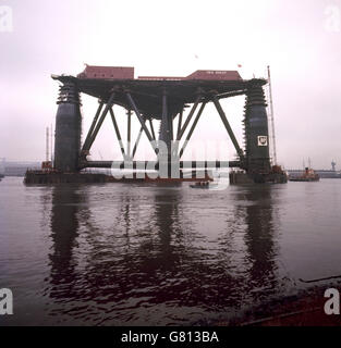 Sea Quest, British Petroleum's 9,500 ton drilling rig, after being launched at Harland and Wolff's Belfast shipyard. She is to replace the ill-fated Sea Gem in North Sea gas and oil exploration. Stock Photo