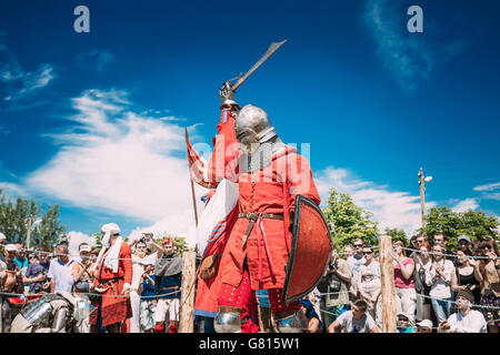 MINSK, BELARUS - JULY 19, 2014: Historical restoration of knightly fights on festival of medieval culture Stock Photo