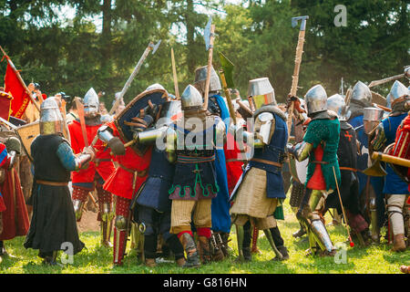 MINSK, BELARUS - JULY 19, 2014: Historical restoration of knightly fights on festival of medieval culture Stock Photo