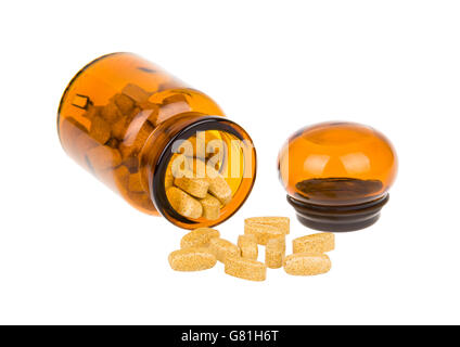 Open bottle and pills Stock Photo
