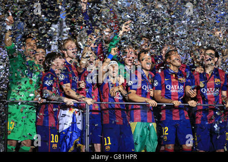 Soccer - UEFA Champions League - Final - Juventus v Barcelona - Olympiastadion. Barcelona players lift the UEFA Champions League Trophy on the Balcony after winning the UEFA Champions League Final. Stock Photo