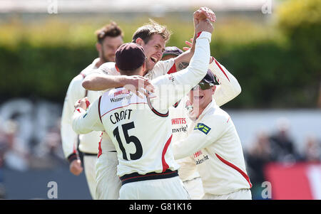 Lancashire's Tom Bailey celebrates taking the wicket of Derbyshire's Billy Godleman, during day three of the LV= County Championship, Division Two match at the Southport and Birkdale Sports Club, Southport. Stock Photo