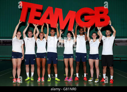 Team GB's (left-right) Lauren Smith, Marcus Ellis, Gabby Adcock, Chris Adcock, Heather Olver, Rajiv Ouseph, Kirsty Gilmour and Chris Langridge pose for a photo after the Badminton Olympic team announcement at the National Badminton Centre, Milton Keynes. Stock Photo