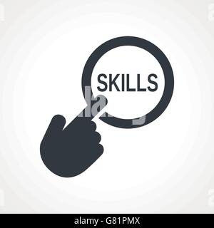 Hand presses the button with text "Skills" Stock Vector