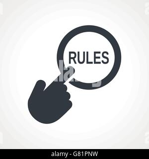 Hand presses the button with text "Rules" Stock Vector