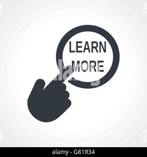 Hand presses the button with text "Learn more" Stock Vector
