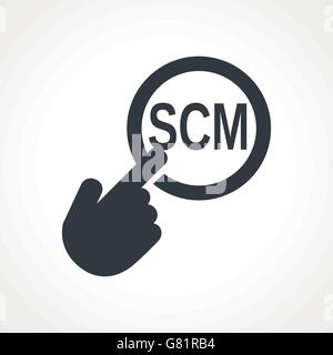 Hand presses the button with text "SCM" Stock Vector
