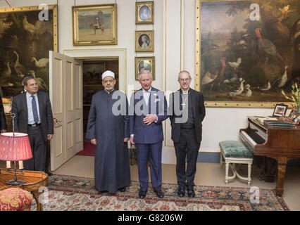 The Prince of Wales receives the Grand Imam of Al-Azhar, Professor Dr. Mohamed Ahmed el-Tayeb (left) and the Archbishop of Canterbury the Most Reverend Justin Welby (right) at Clarence House in London. Stock Photo