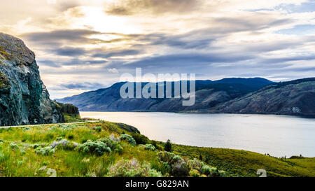 Sunset over Kamloops Lake along the Trans Canada Highway in British Columbia, Canada Stock Photo